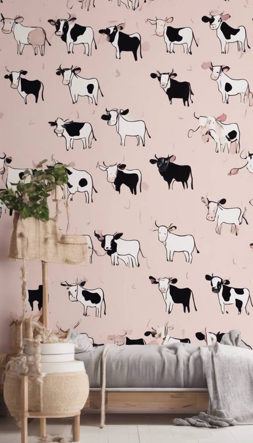 Un papier peint fantaisiste avec un motif de vache pastel ludique.