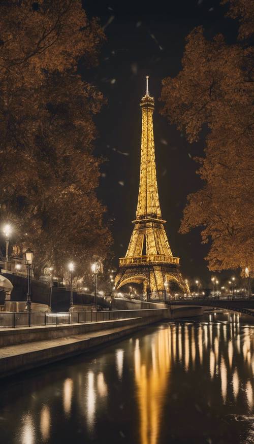 파리의 밤에 조명된 에펠탑의 고요한 풍경과 반짝이는 불빛을 반사하는 세느강.