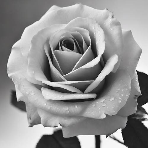 An aesthetic black and white photo of a fully bloomed rose against a minimalist background.