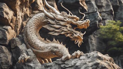 A Japanese dragon carved into the side of a rocky cliff.