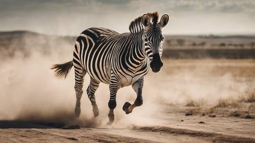 A zebra sprinting across the plains, kicking up dust beneath its hooves.