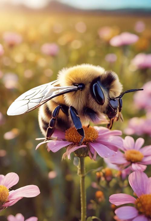 一隻可愛的、胖乎乎的蜜蜂，帶著友善的大微笑和閃亮的翅膀，在開滿五顏六色鮮花的草地上飛來飛去。
