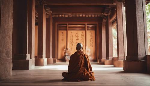 A monk in contemplation, surrounded by a tranquil brown aura inside a peaceful temple. Tapeta [1e7fd9614f98450a92e6]