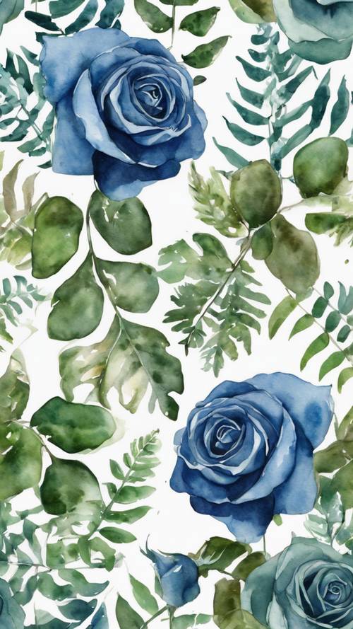 Yeşil eğrelti otlarıyla çevrili mavi güllerden oluşan suluboya bir tablo.