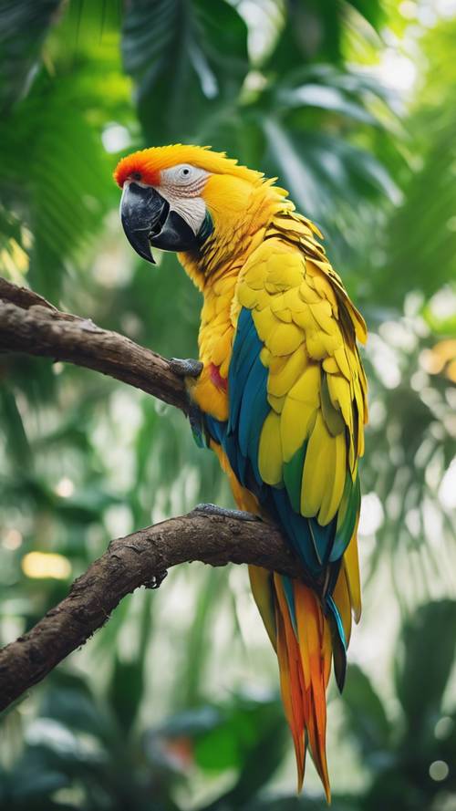 A vibrant neon yellow parrot perched on a branch in a dense jungle.