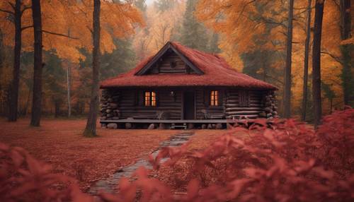 A log cabin in the middle of a red forest during autumn