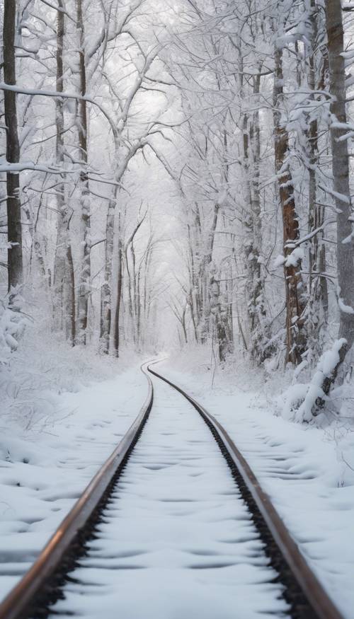 Uma ferrovia coberta de neve serpenteando por uma floresta branca, esperando o primeiro trem do dia.