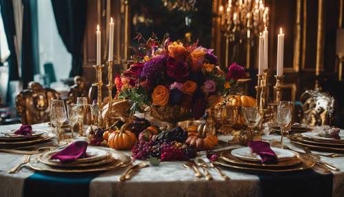 Une table de Thanksgiving luxueusement dressée, remplie d&#39;accents dorés, de tons de bijoux et de fleurs luxuriantes et spectaculaires.