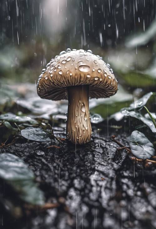 A detailed pen sketch of a kawaii mushroom sheltering under a leaf during a rainstorm.