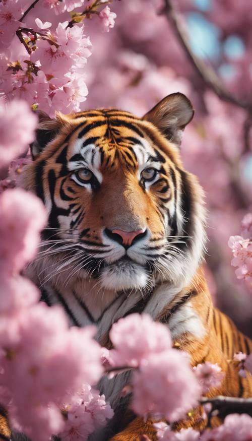Un tigre rose vif reposant sur une branche de cerisier fleurie au printemps.