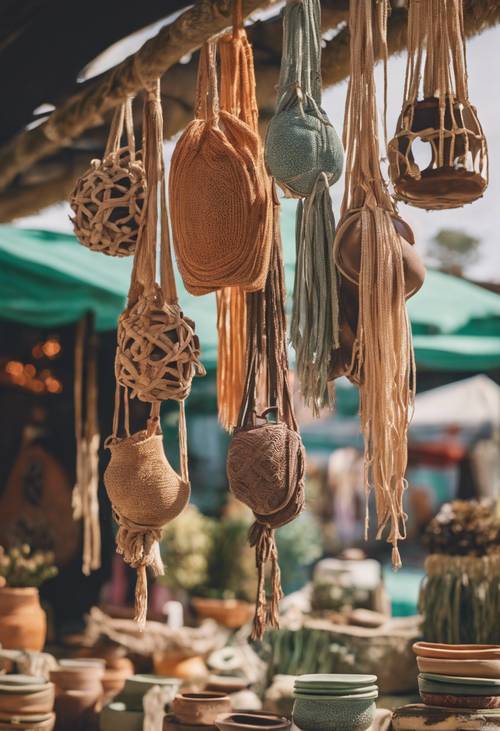 Uma barraca de mercado de produtores rurais vendendo cerâmica artesanal e suportes para plantas de macramê em meio a uma variedade de paletas de cores retrô dos anos 70 e designs boho.