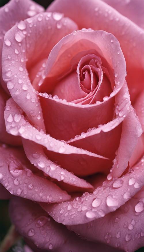 Una imagen detallada y de primer plano de una rosa rosada que revela sus pétalos y gotas de rocío sobre ella.