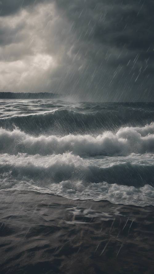 Uma tempestade furiosa assolando um lago geralmente calmo, a chuva atingindo a superfície e as ondas quebrando contra a costa.