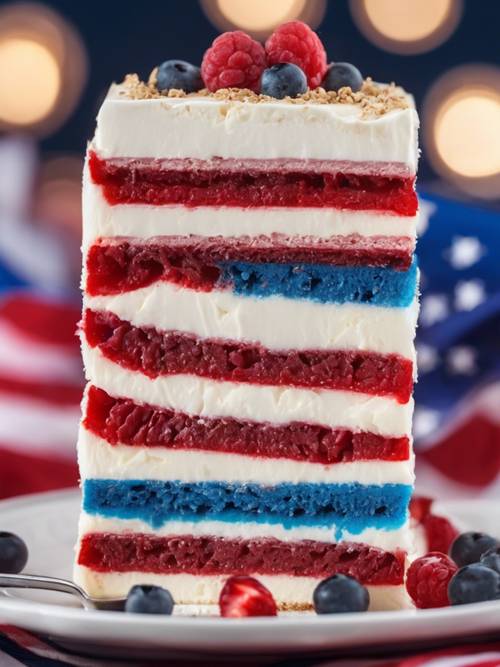 Close up of a slice of festive, red, white, and blue layered dessert, with Fourth of July decorations in the background.