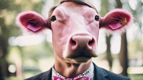 Хорошо одетый хипстер с причудливым розовым галстуком-бабочкой с коровьим принтом.