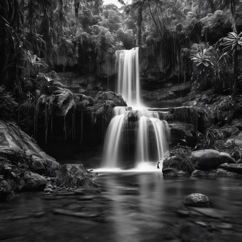 Czarno-biały obraz o wysokim kontraście przedstawiający czarujący wodospad w tropikalnym lesie deszczowym.
