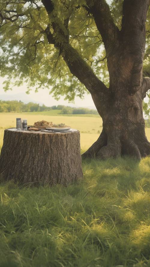 Un pique-nique tranquille sous un grand arbre dans un pré, le texte « L&#39;eau boueuse est mieux évacuée en la laissant tranquille » gravé sur le tronc de l&#39;arbre.