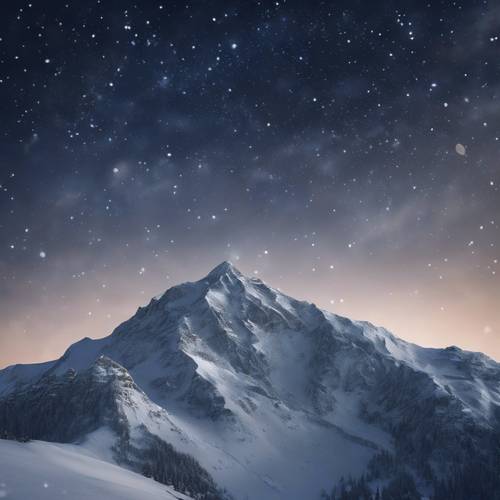 The constellation Virgo hovering over a snowy mountain peak under the clear night sky.
