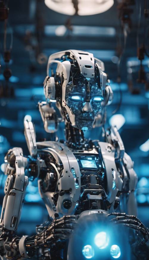 Современная роботизированная фабрика, работающая на полную мощность под мерцающими голубыми огнями.