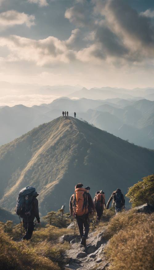 Hikers reach the peak of a rugged Japanese mountain, their faces alight with triumph. Kertas dinding [7be02d825e5c46f99814]