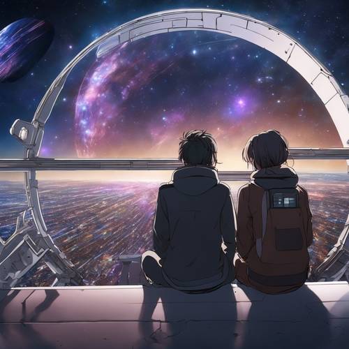 زوجان من الرسوم المتحركة من الخيال العلمي يراقبان المجرات البعيدة من سفينة الفضاء الخاصة بهما.