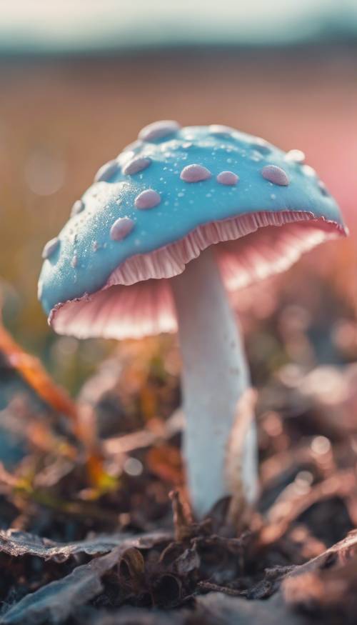 A baby blue mushroom with soft pink spots against a bright morning sky.