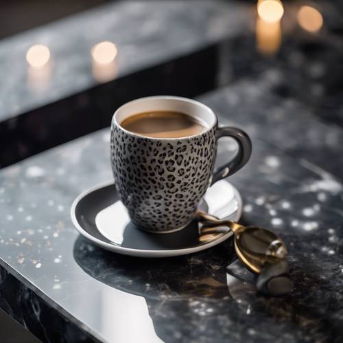 A gray leopard print coffee mug sitting on a black marble table.