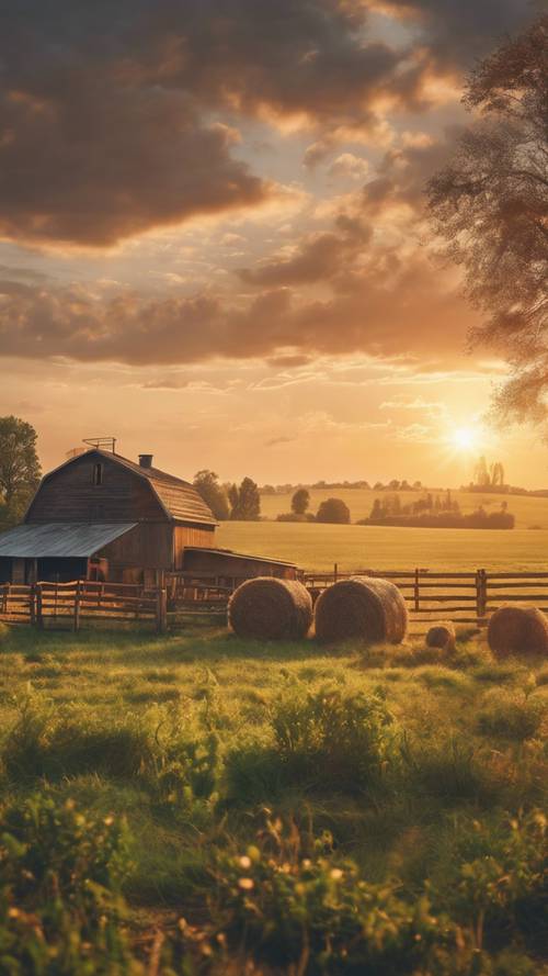 A rustic farm scene with a beautiful sunset in the backdrop.