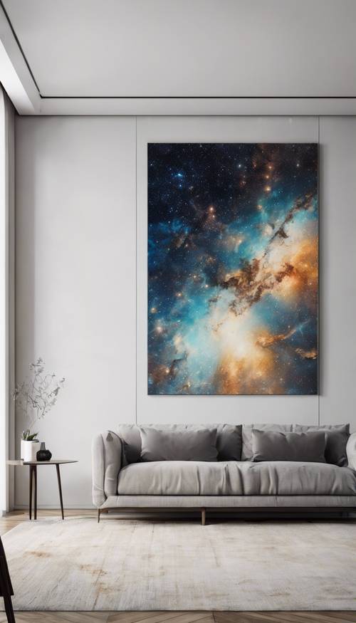 Огромная абстрактная картина галактики в минималистской гостиной.