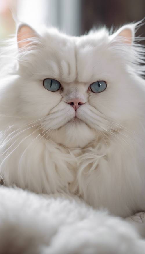 Puszysty biały kot perski wylegujący się na jedwabnej poduszce.