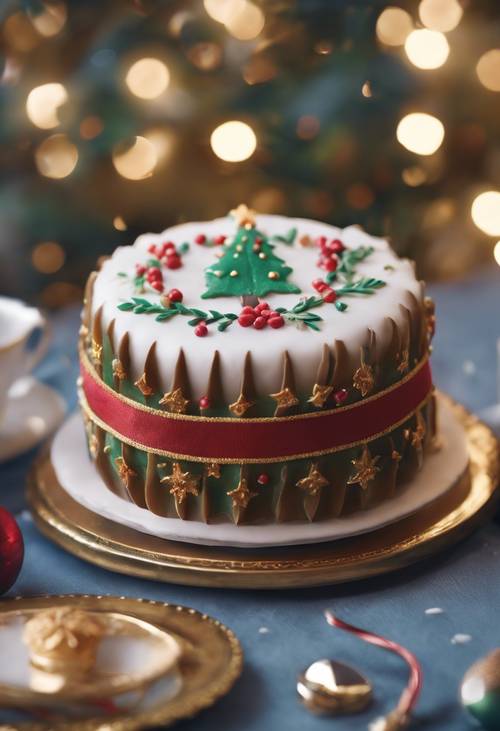 เค้กคริสต์มาสแบบดั้งเดิมของอังกฤษพร้อมมาร์ซิปันและรอยัลไอซิ่ง