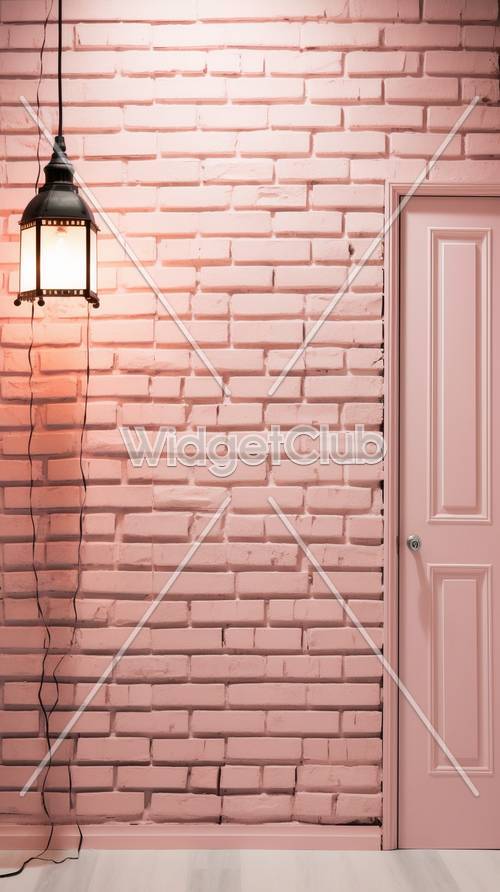 Ładny różowy mur z cegły z latarnią