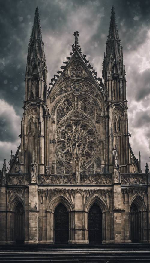 Una catedral gótica con intrincadas tallas de piedra bajo un cielo tormentoso.