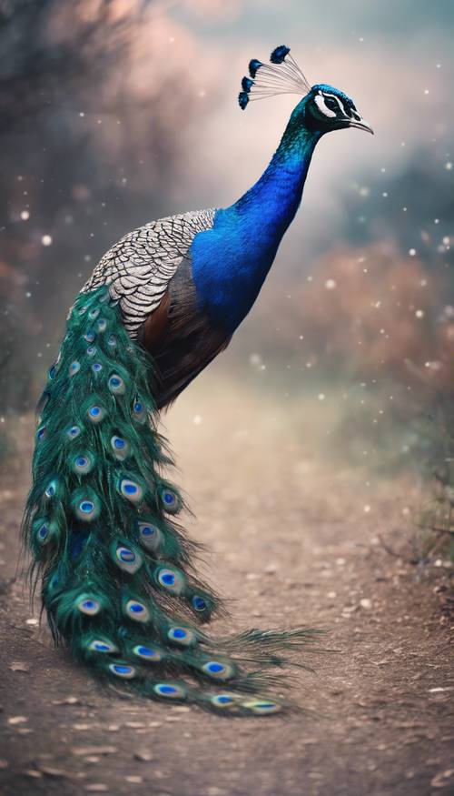 夜空下，一只羽毛上闪烁着蓝色光芒的孔雀。