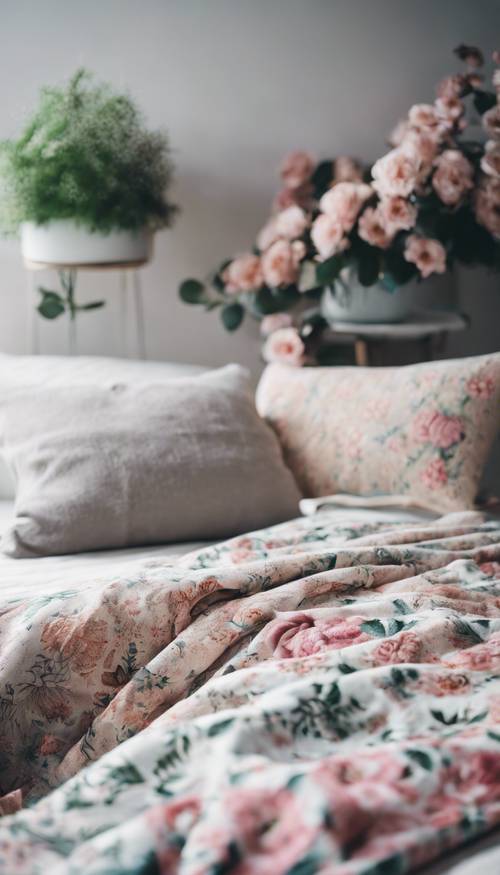 Una camera scandinava minimalista ravvivata da cuscini e coperte con motivi floreali.