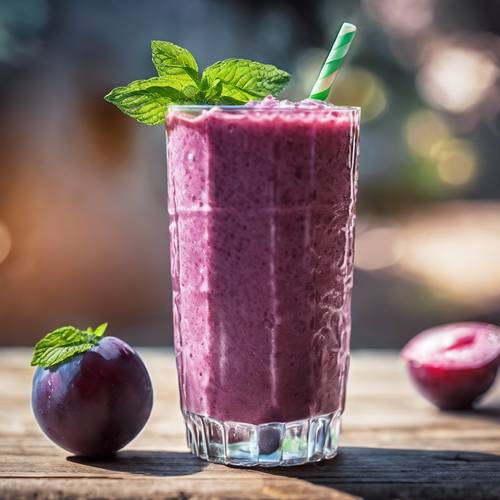 An ice-cold plum smoothie garnished with mint on a hot summer day.