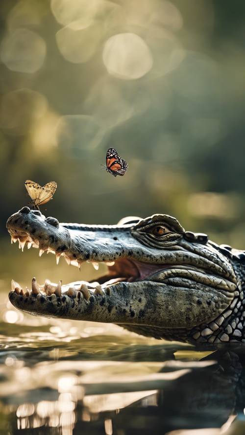 Ein ruhendes Krokodil mit einem Schmetterling auf seiner Schnauze in einer surrealen Gegenüberstellung.