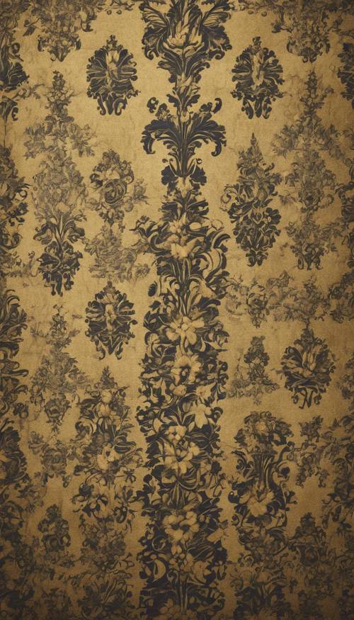 Uma vista serena de um tecido adamascado com um design clássico vintage na cor dourada.