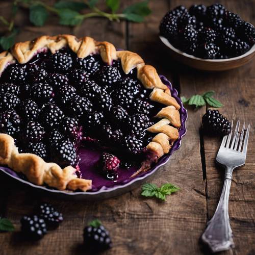 A delicious, dark purple blackberry pie served on a rustic wooden table