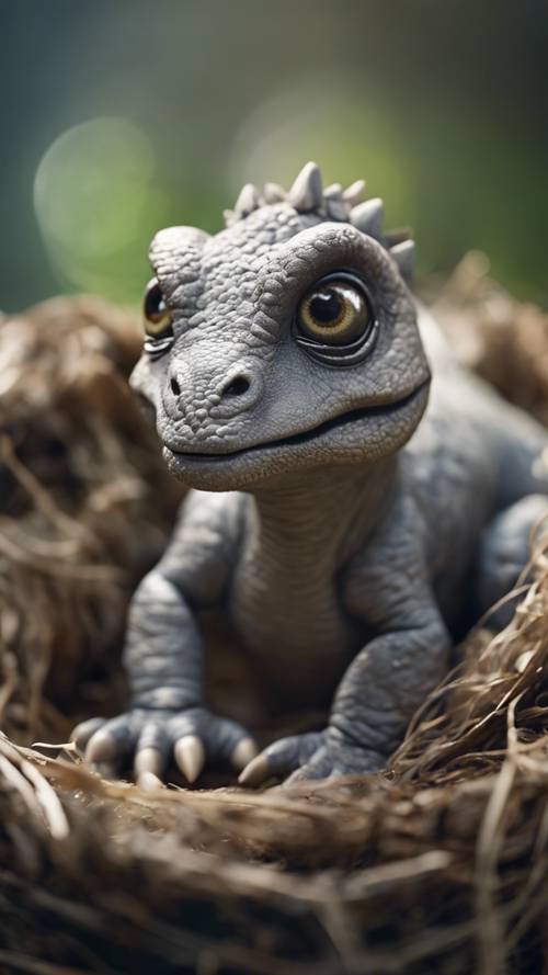 Новорожденный серый динозавр с едва открытыми глазами выглядывает из безопасного гнезда.