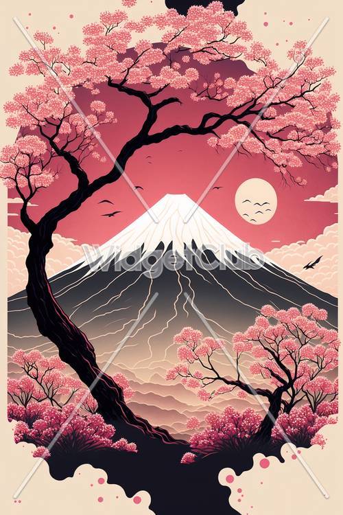 春天的櫻花和富士山