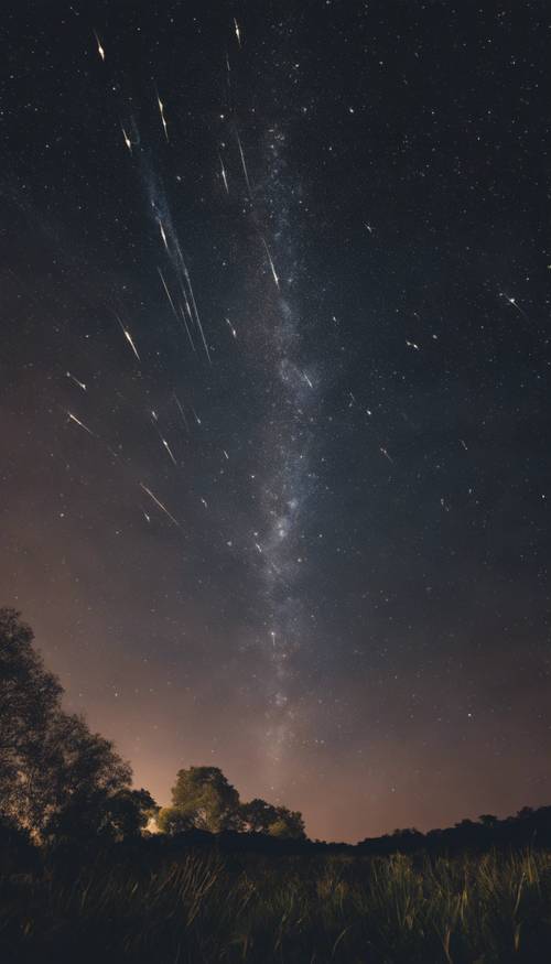 캔버스를 가로지르는 유성을 묘사한 고요한 밤하늘.