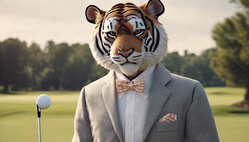 Um tigre elegantemente vestido com um uniforme de colegial se preparando para dar uma tacada em um campo de golfe imaculado.