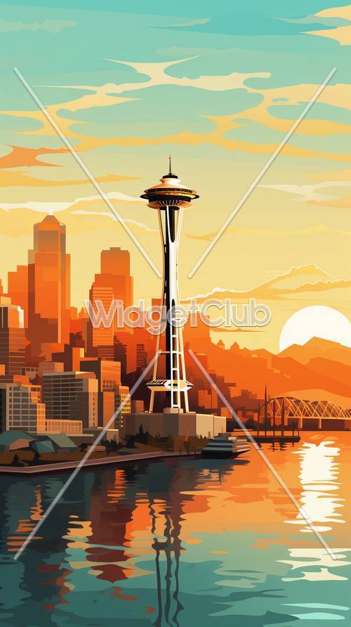 阳光明媚的西雅图天际线艺术