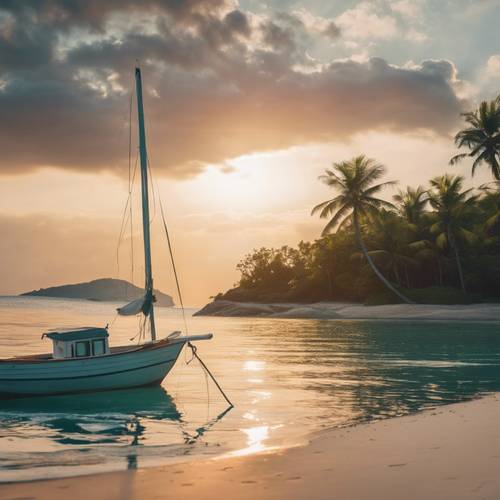 A small sailboat anchored by a tropical island during sunrise.