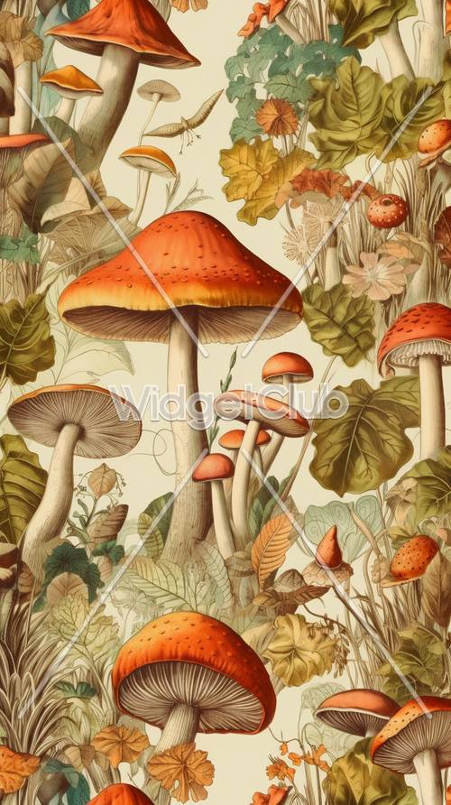 Mushrooms and Leaves Nature Illustration Background
