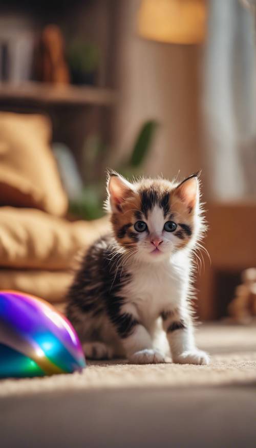 A playful calico kitten batting at a rainbow colored toy in a cozy living room setting
