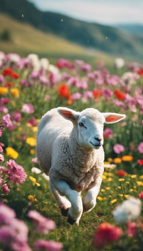 一隻充滿活力的小羊在生機勃勃的春天花朵中嬉戲。