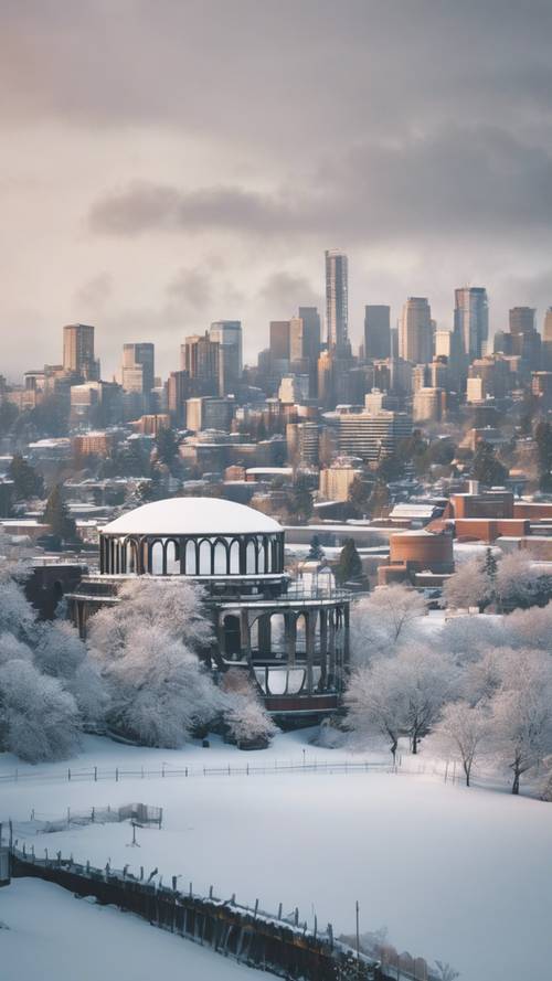 Изобразите зимнюю сцену со снегом, покрывающим парк газовых заводов в Сиэтле.