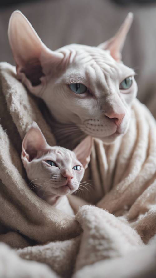 Adegan penuh emosi dari seekor kucing Sphynx Kanada putih yang dengan hangat memeluk anak kucingnya selamat malam di bawah selimut benteng.